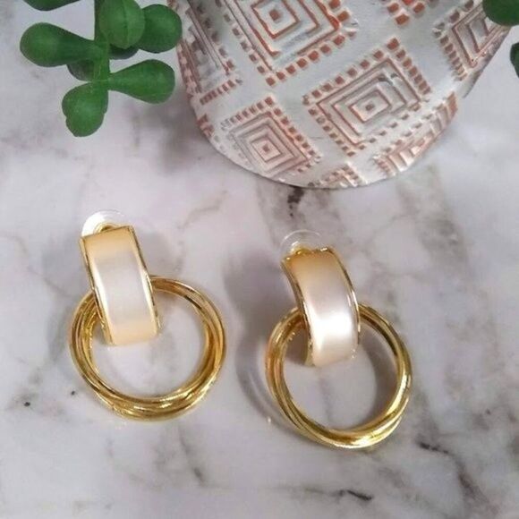 Classy Light Cream Acrylic Bar Earrings with Layered Golden Hoops - Picture 1 of 4